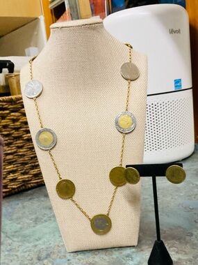 14k Italian Lira Gold and Silver Coin 28” Long Necklace and Earring Set